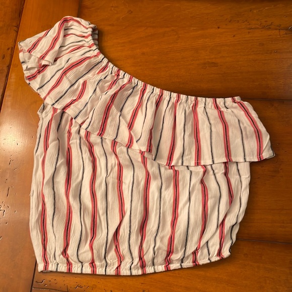 Brownie Spain One Shoulder White, Orange, and Black Striped Top, size XS-S - Picture 2 of 2